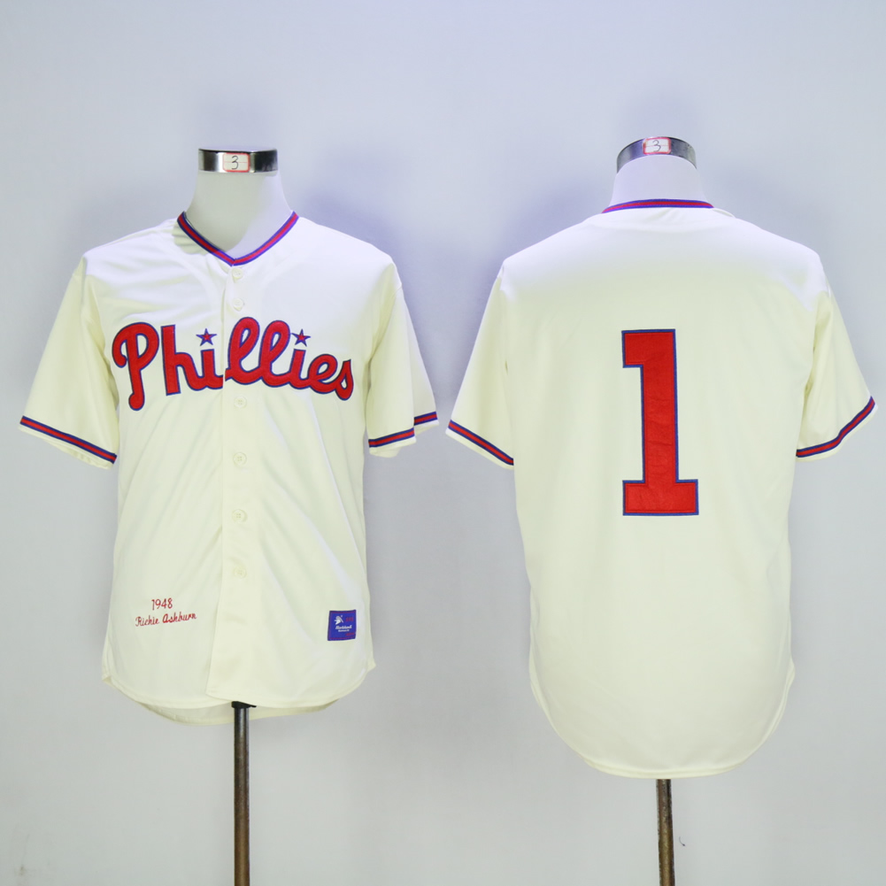 Men Philadelphia Phillies 1 Ashburn Cream Throwback MLB Jerseys